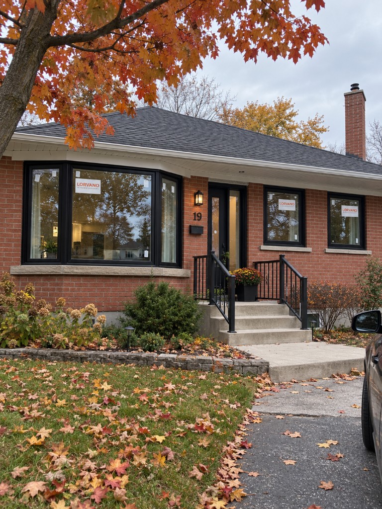 Bungalow with new black-framed windows and entry